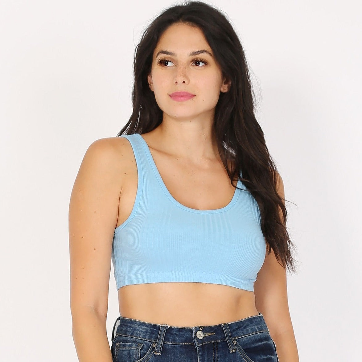 Surf World - Variegated Rib Crop Bra Tank Top - Scoop neck womens tank Light Blue