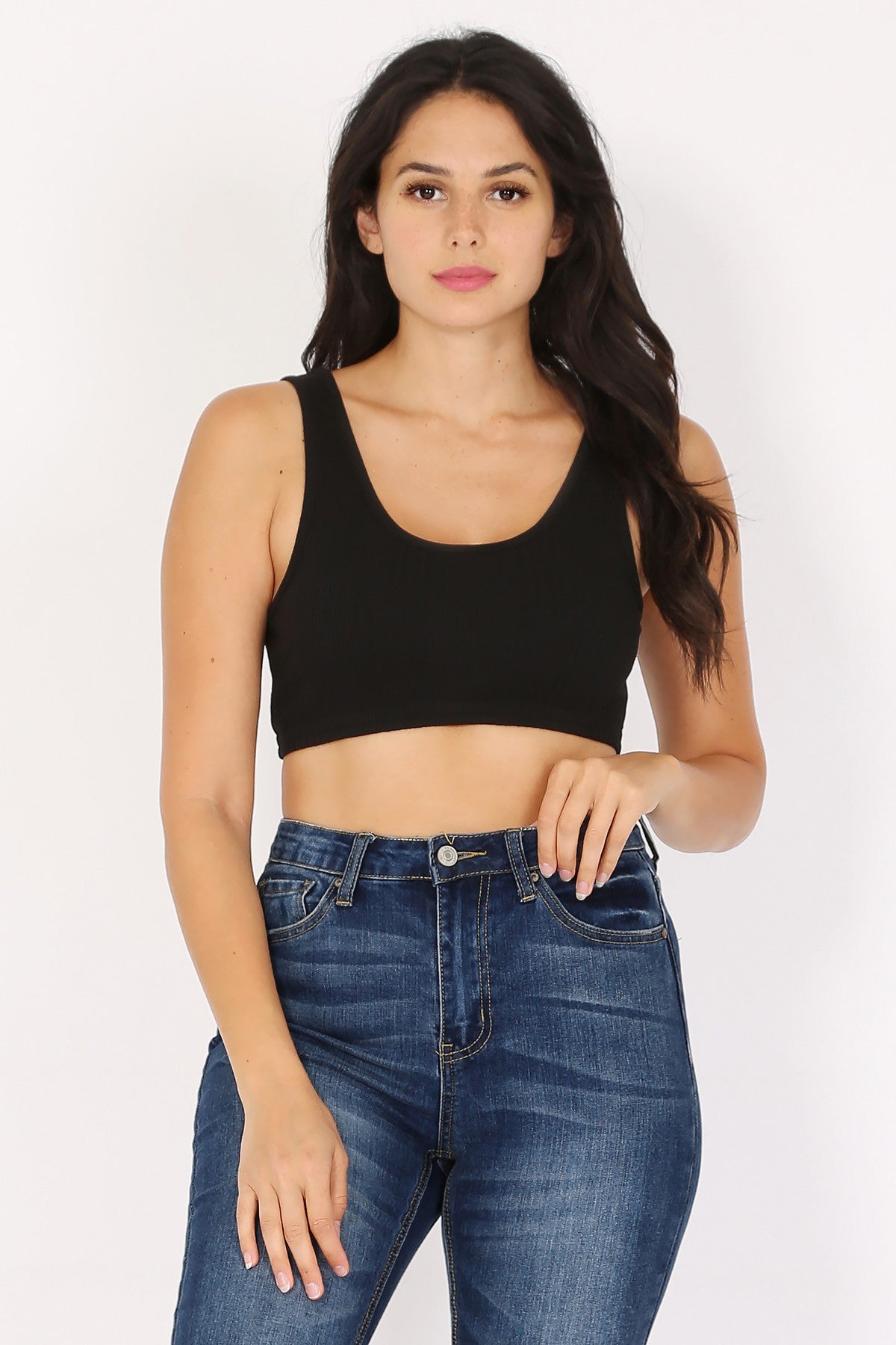 Surf World - Variegated Rib Crop Bra Tank Top - Scoop neck womens tank Black