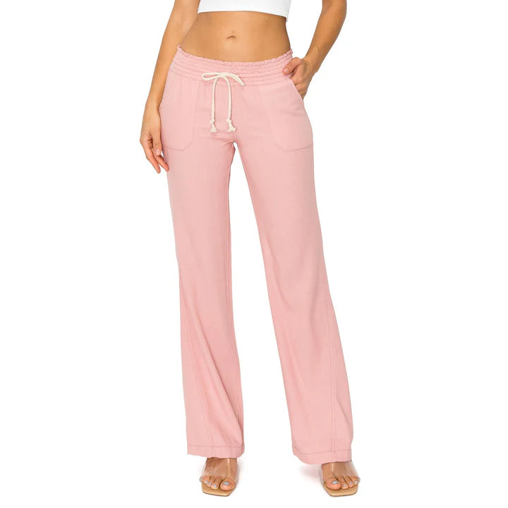 Cali Smocked Waist Linen Beach Pants - Mauve Solid womens pants