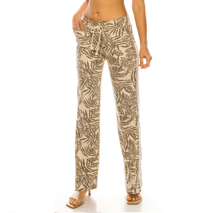 Cali Smocked Waist Linen Beach Pant - Palm Leaf Print womens pants