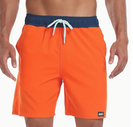 Surf World Elastic Solid Swim / Surf Shorts - Orange Navy Mens Boardshorts