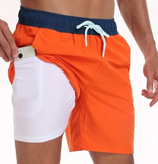 Surf World Elastic Solid Swim / Surf Shorts - Orange Navy Mens Boardshorts