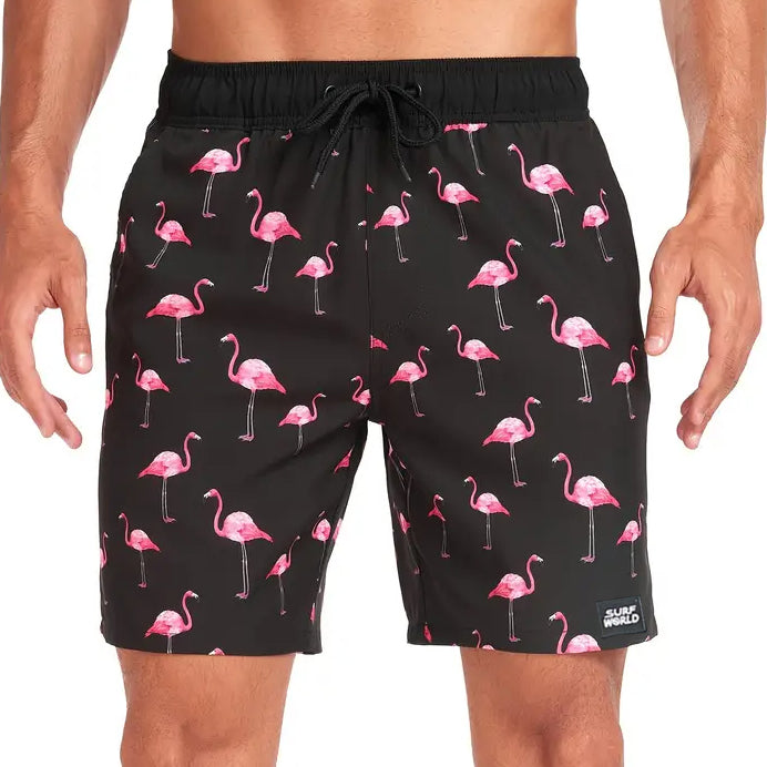 Surf World Elastic Solid Swim / Surf Shorts - Black Pink Flamingo Mens Boardshorts