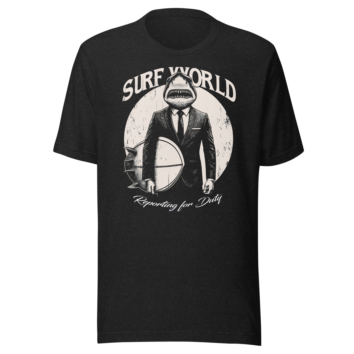 Surf World Shark Boss Reporting for Duty Tee Shirt Mens T Shirt Black Heather