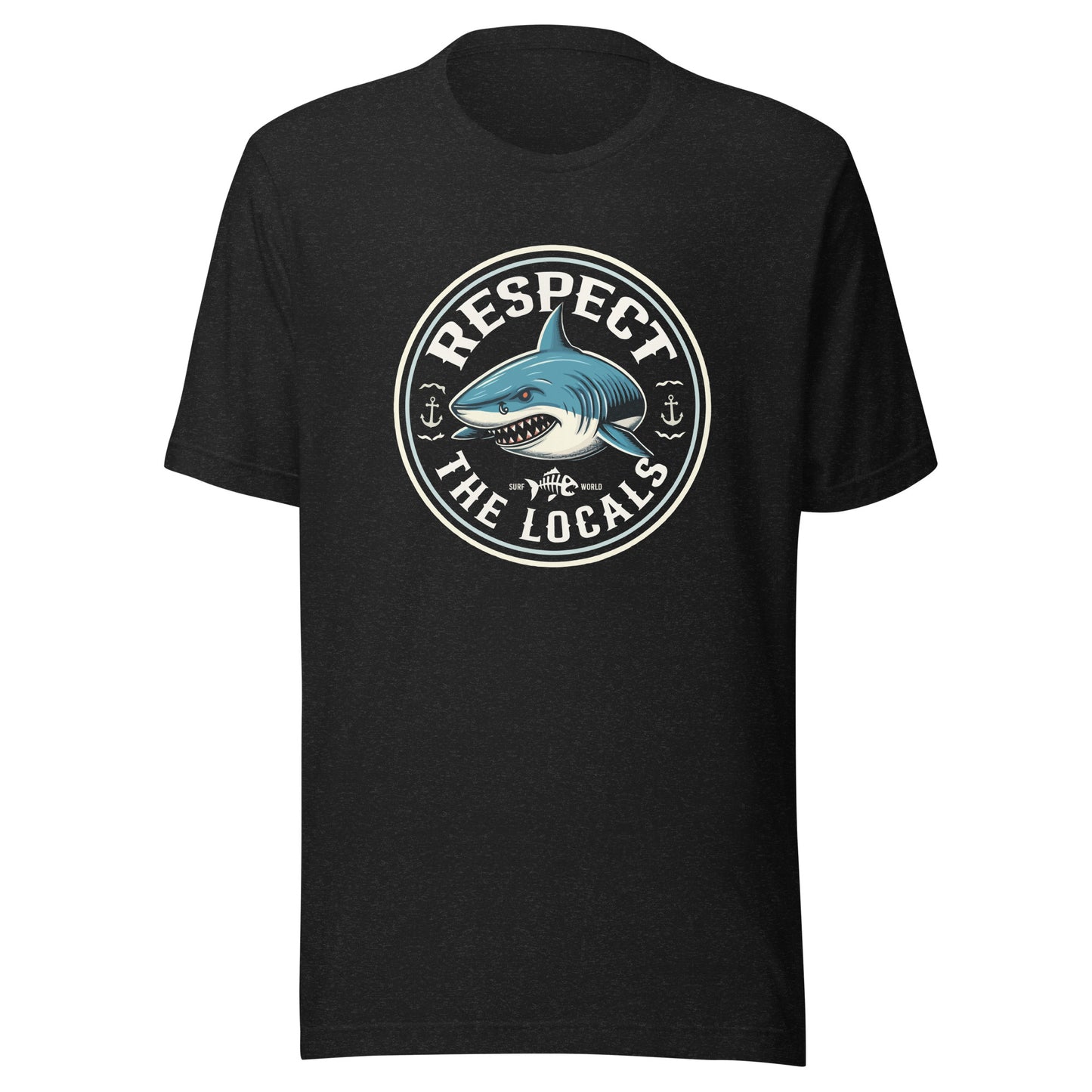 " Respect The Locals " Surf World Shark Tee Mens T Shirt Black Heather