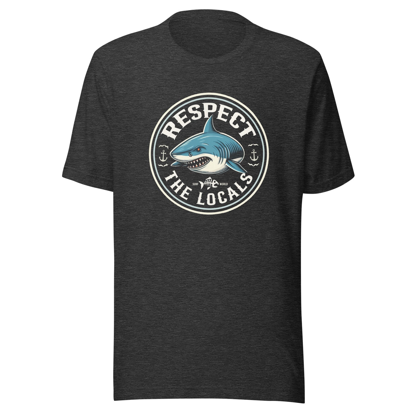 " Respect The Locals " Surf World Shark Tee Mens T Shirt Dark Grey Heather