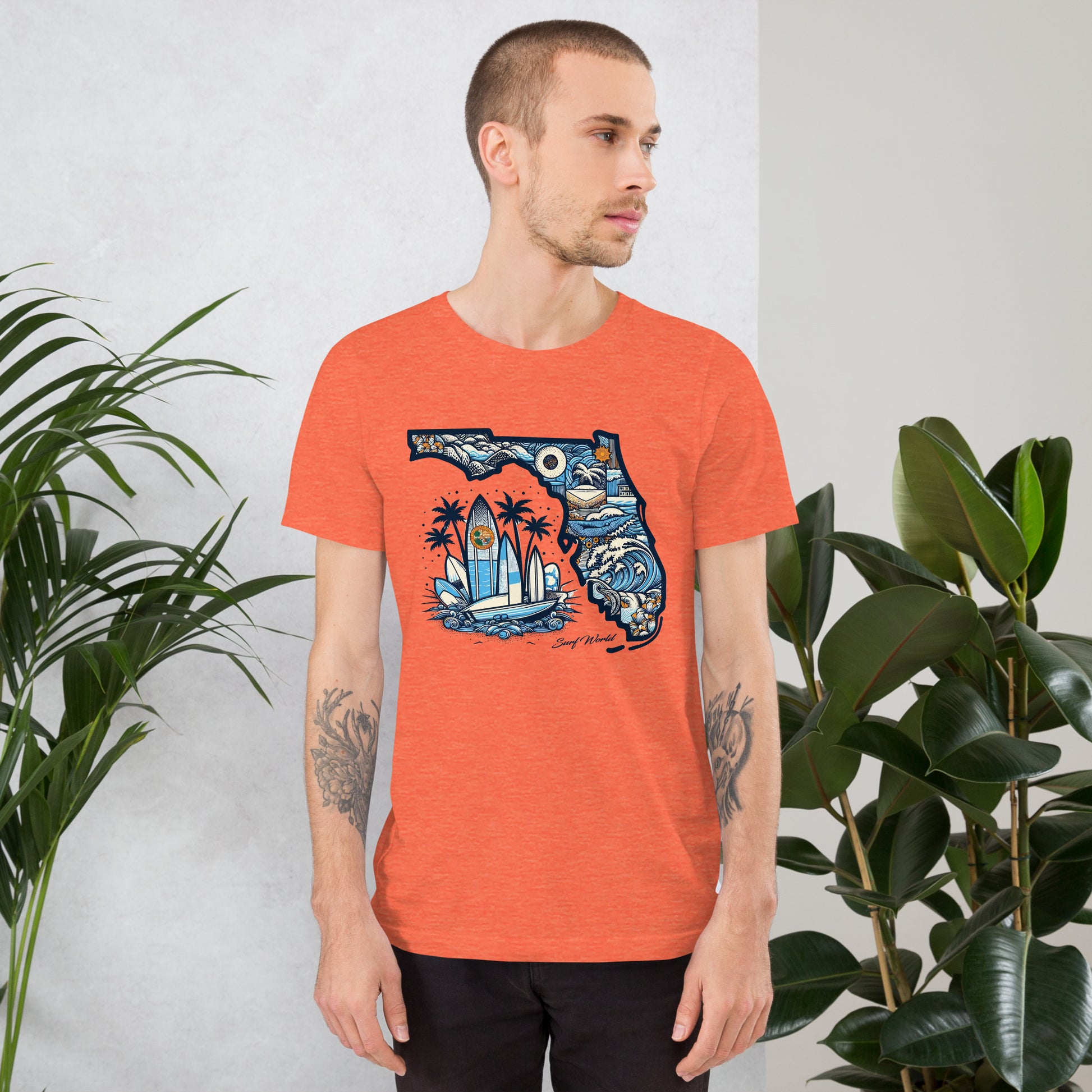 Florida the Land of Waves and Sun, Show FL some Love with the Surf World Tee Mens T Shirt Heather Orange