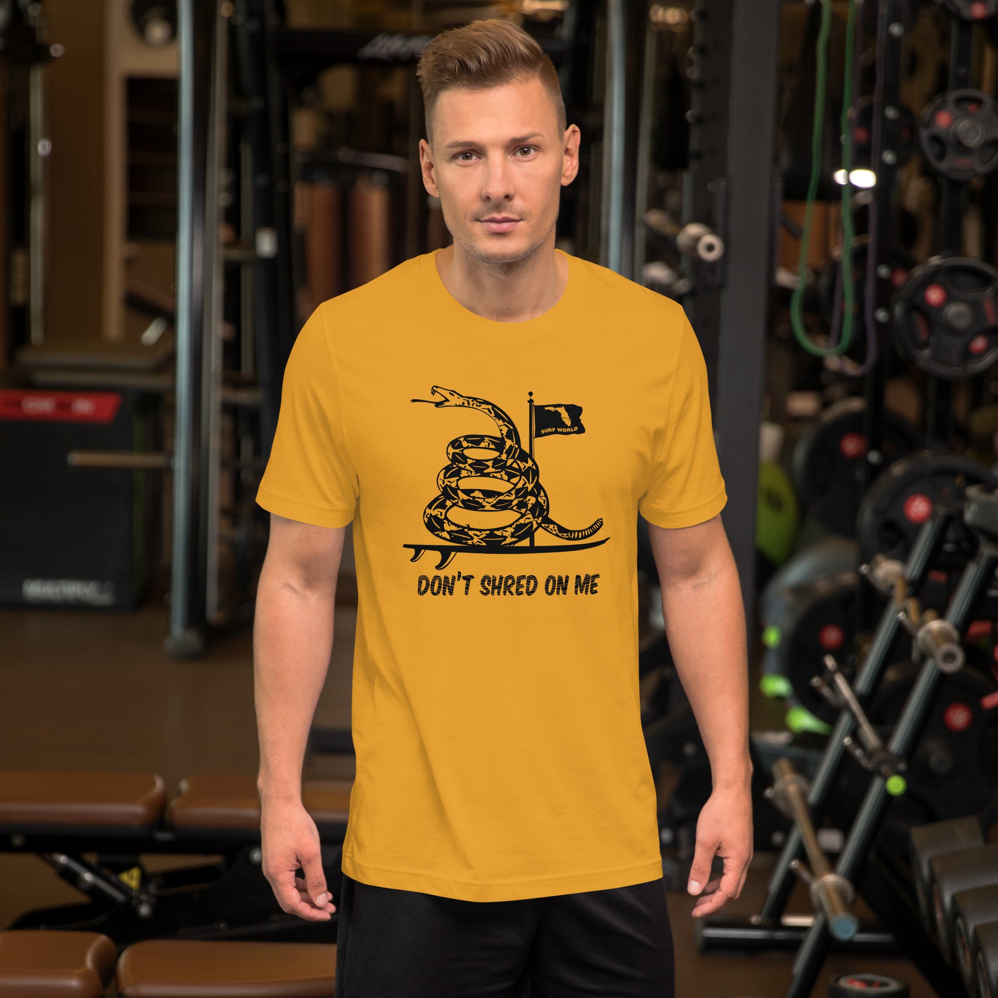 Surf World's Don't Shred On Me Gadsden Unisex t-shirt Mens T Shirt Mustard