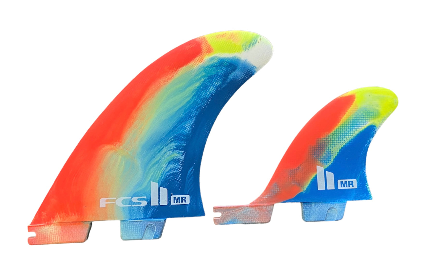 FCS II MR Twin Fins with mini Trailer- PC Tri Set Xlarge - Black White /  Neon Swirl / Dusty Blue